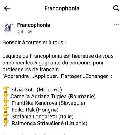 Tarptautinės organizacijos Francophonia organizuotas prancūzų kalbos mokytojų konkursas laimėtas!